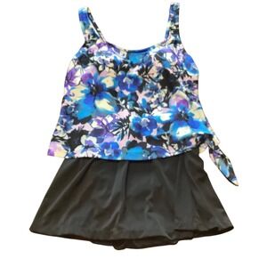 Le Cove Women Blue Floral Tankini Swim Dress Swimsuit Periwinkle Bloom Size 10